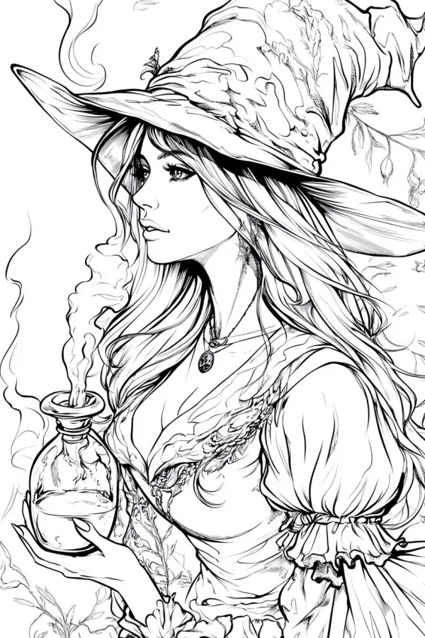 Witch holding magic potion, fantasy style — free printable witch coloring book page