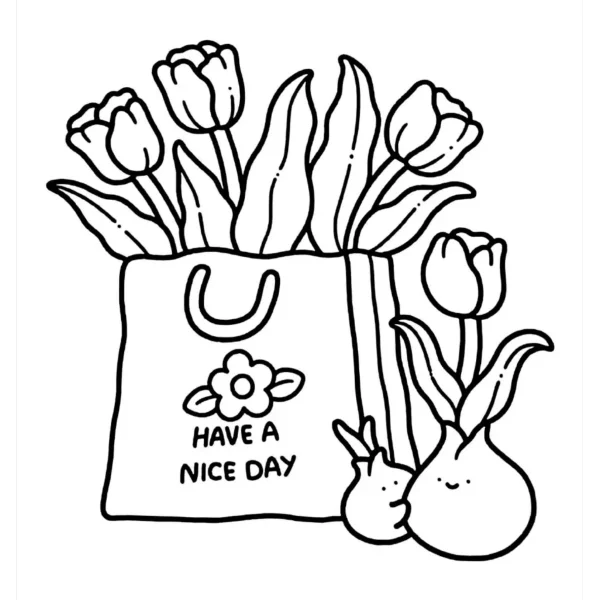 Tulips in shopping bag with cute anthropomorphic bulb characters, cartoon style — free printable cozy daily life coloring book page