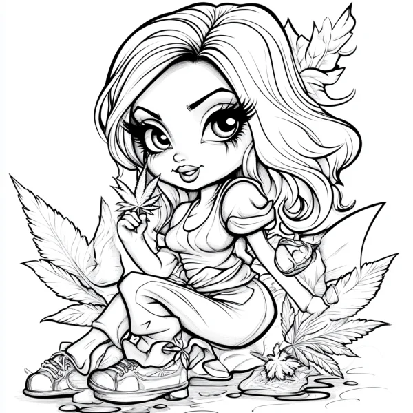 Chibi cartoon girl holding cannabis leaf, surrounded by large cannabis leaves — free printable cartoon characters coloring book page
