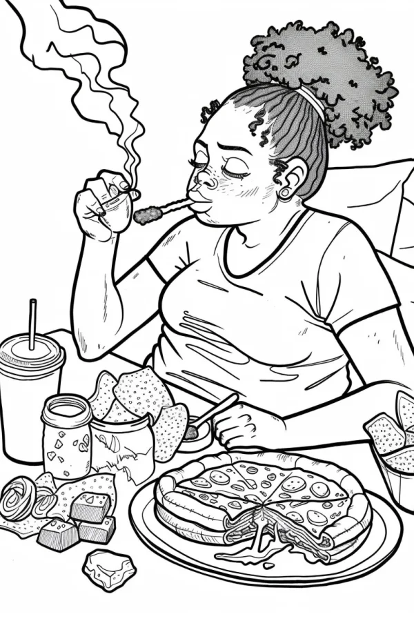 Girl enjoying delicious food, cartoon style — free printable daily leisure coloring book page