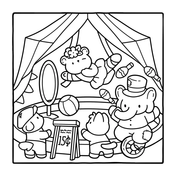 Circus animal performance scene, cute cartoon style — free printable circus coloring book page