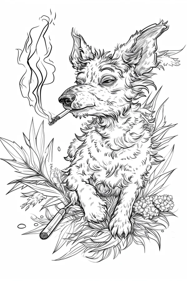 Anthropomorphic dog smoking a cigarette, surrounded by cannabis leaves — free printable personification coloring book page