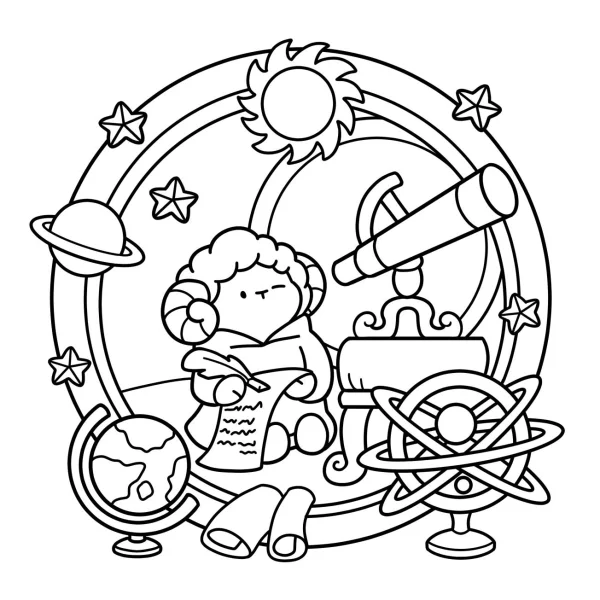 Cartoon little sheep with astronomical elements, cartoon style — free printable astronomy coloring book page