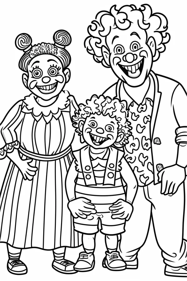 Clown family of three, cartoon style — free printable clown coloring book page