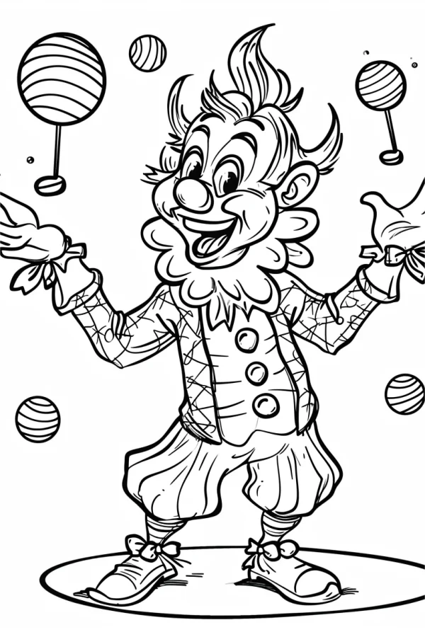 Cartoon juggling clown, cartoon style — free printable circus coloring book page
