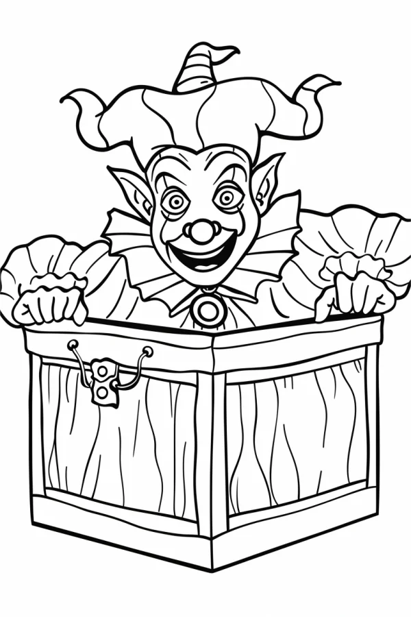Jack-in-the-box creepy clown, cartoon style — free printable toys coloring book page