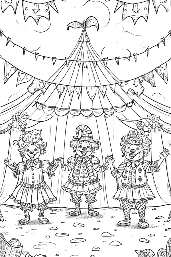 Three circus clowns in front of a circus tent, cartoon style — free printable circus coloring book page