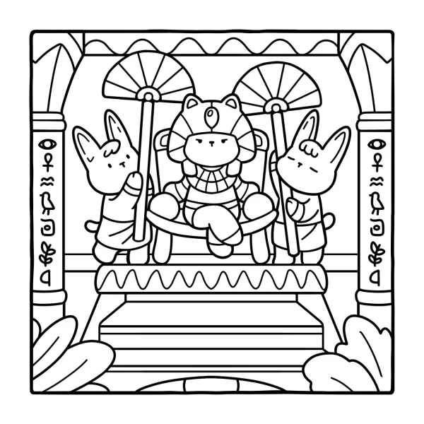 Egyptian-style cat king with rabbit attendants, cartoon style — free printable egypt coloring book page