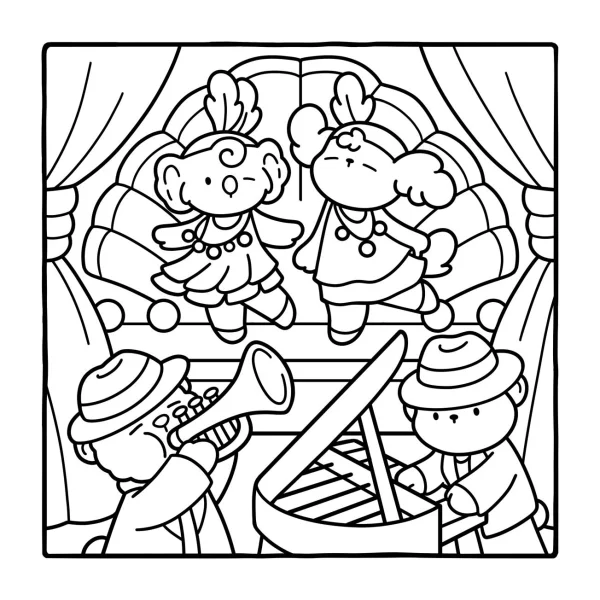 Anthropomorphic animal stage performance, cartoon style — free printable performance coloring book page
