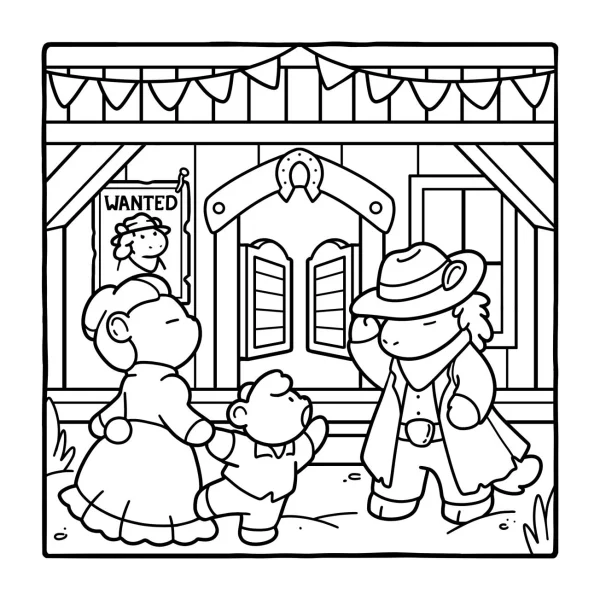 Cartoon cowboy with mother and child in front of western saloon, cartoon style — free printable western cowboy coloring book page