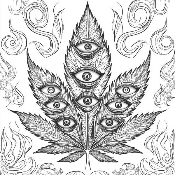 Cannabis leaf with multiple detailed eyes, surreal fantasy style — free printable surreal coloring book page