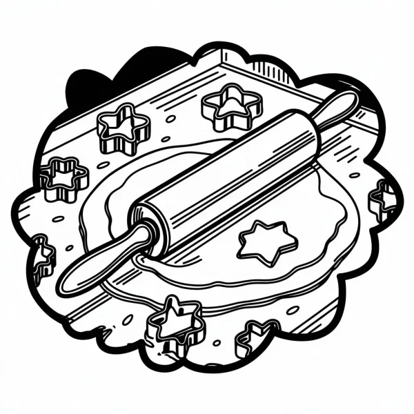 Baking scene with rolling pin, dough and star-shaped cookie cutters — free printable handmade diy coloring book page