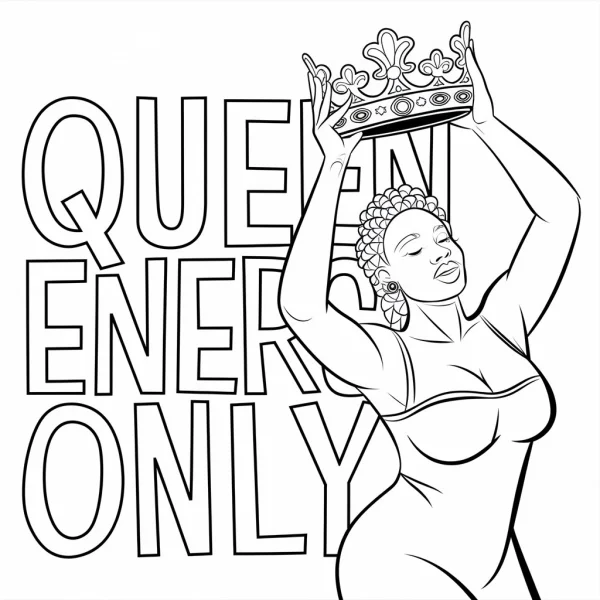 Confident woman holding a crown, bold clean line art — free printable female empowerment coloring book page