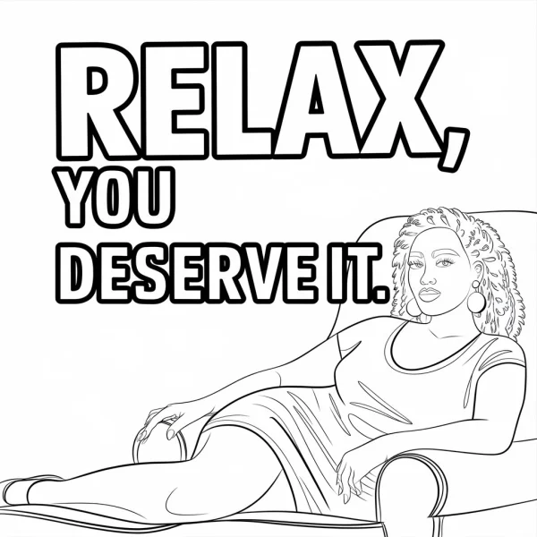 Relaxed woman lying on an armchair, cartoon style — free printable relaxation coloring book page