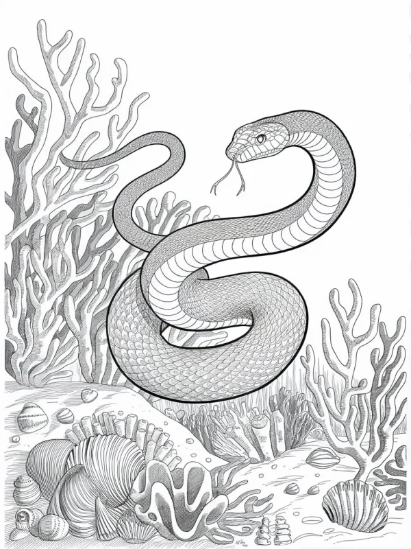 Coiled sea snake in underwater scene, realistic style — free printable reptiles coloring book page