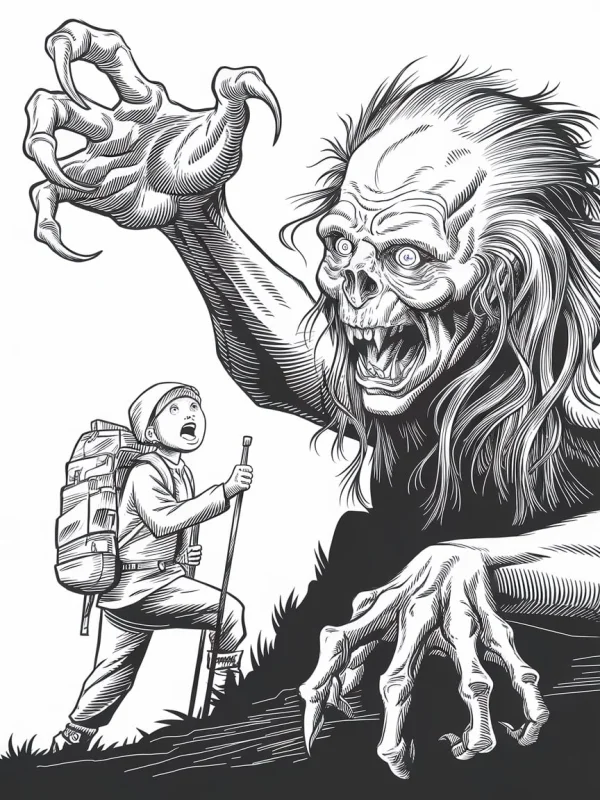 Terrifying clawed monster and scared hiker with backpack and hiking stick, horror style — free printable hiking coloring book page