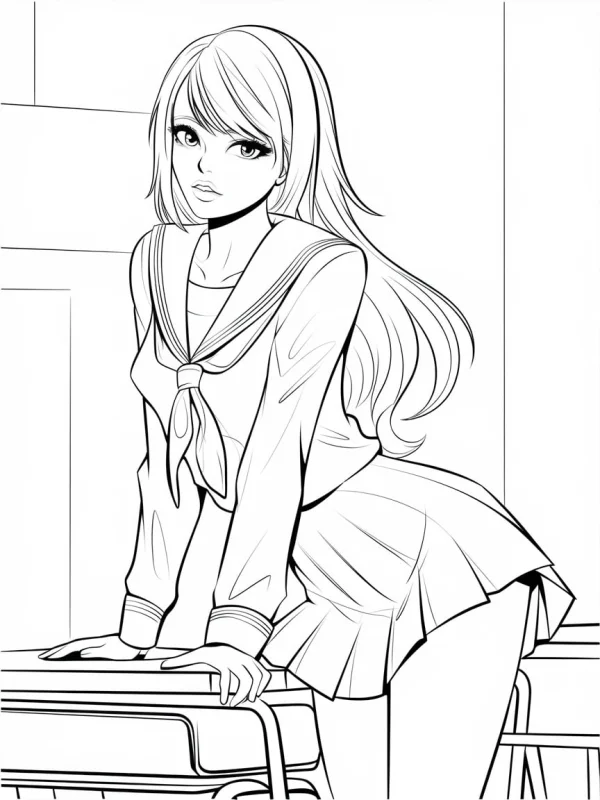 Japanese school girl in sailor uniform, anime illustration style — free printable anime characters coloring book page