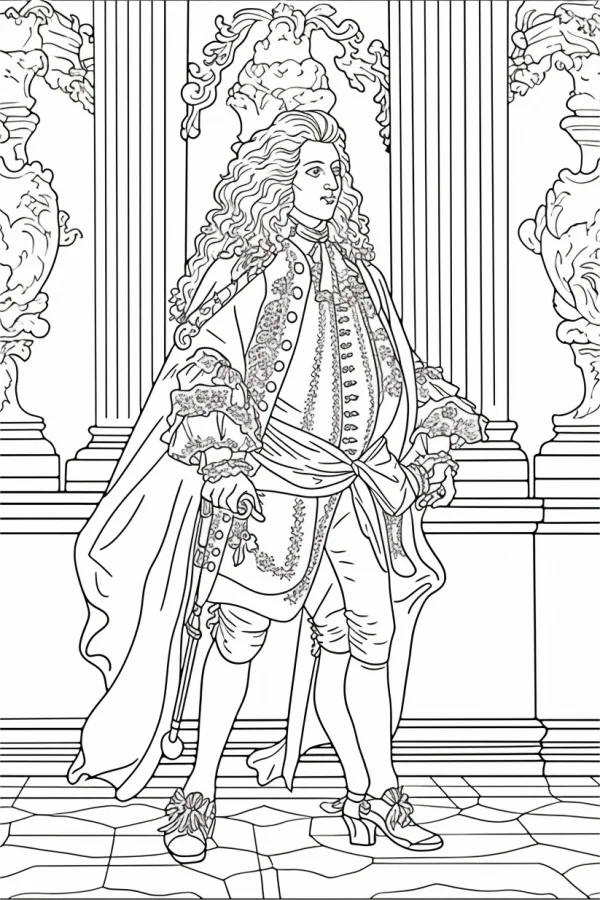 Classical court nobleman with long curly hair, rococo style — free printable court scene coloring book page