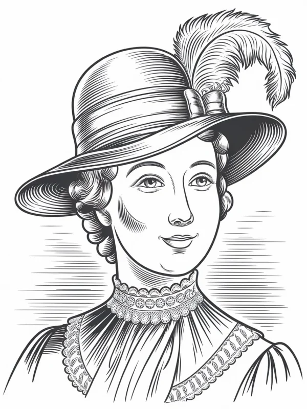 Vintage style female portrait with wide-brimmed hat and feather decoration, realistic retro illustration — free printable portrait coloring book page