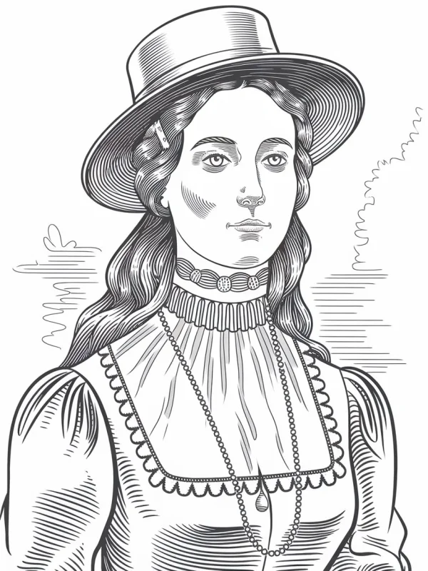 Retro victorian style woman wearing wide-brimmed hat, realistic sketch line art — free printable classical coloring book page
