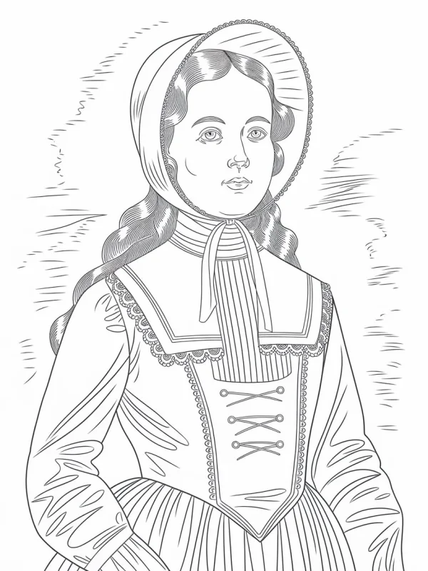 Vintage victorian style woman with bonnet, lace-trimmed dress and curly hair — free printable victorian coloring book page