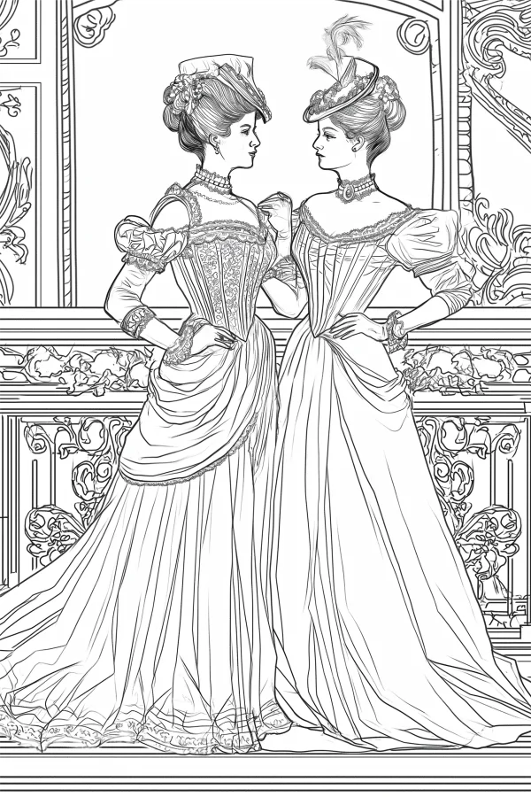 Victorian style noble women, retro art style — free printable victorian coloring book page