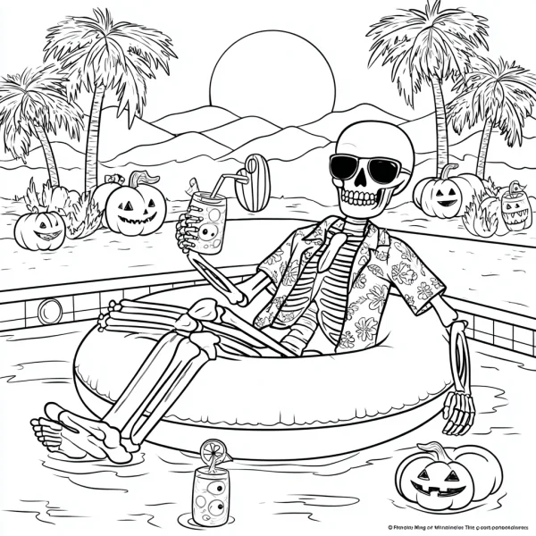 Cartoon skeleton wearing sunglasses and floral shirt, floating on inflatable ring in swimming pool — free printable tropical coloring book page