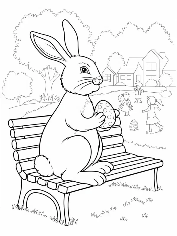 Rabbit holding easter egg sitting on bench, cartoon style — free printable parent-child coloring book page