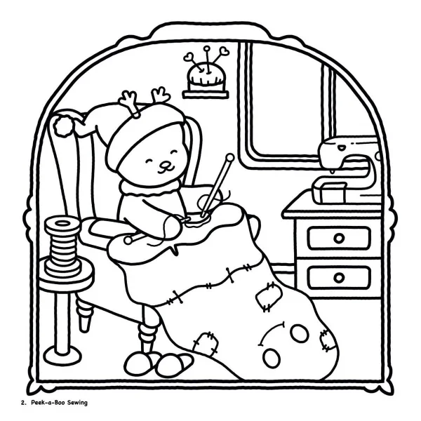 Cute bear sewing a sock while wearing an antler hat, cartoon style — free printable handmade diy coloring book page