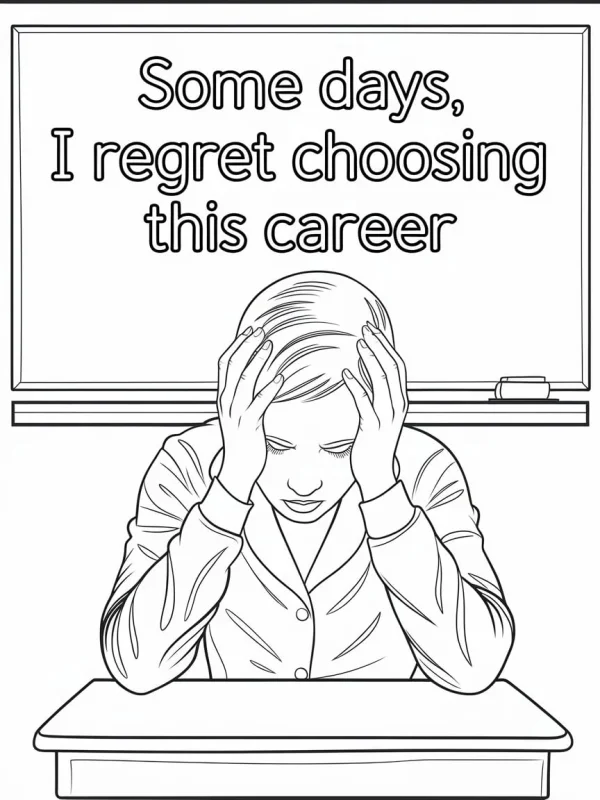 Frustrated teacher sitting at desk in front of blackboard, realistic style — free printable teacher coloring book page