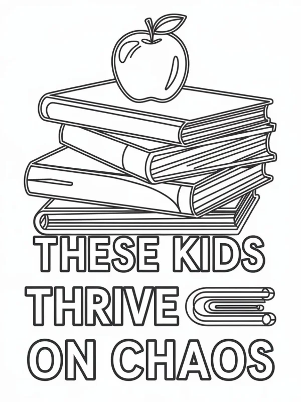 Stack of books with an apple on top, cartoon style — free printable teacher coloring book page