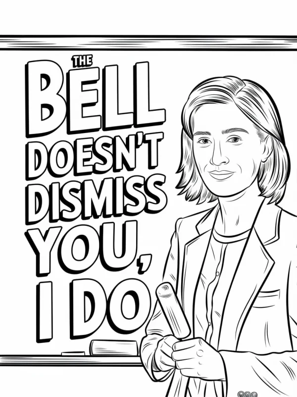 Female teacher holding a pointer, cartoon style — free printable teacher coloring book page