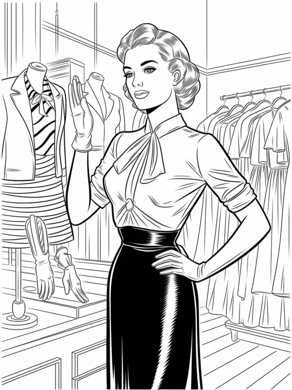 Vintage fashion woman in a clothing store, retro illustration style — free printable vintage life coloring book page