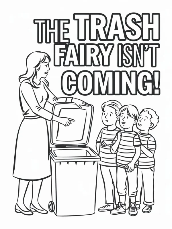 A woman guiding three boys to throw trash into a garbage bin, cartoon style — free printable education coloring book page