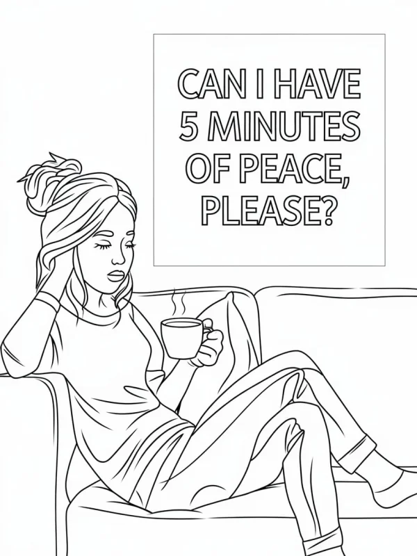 Woman holding coffee cup on sofa, cartoon style — free printable daily leisure coloring book page
