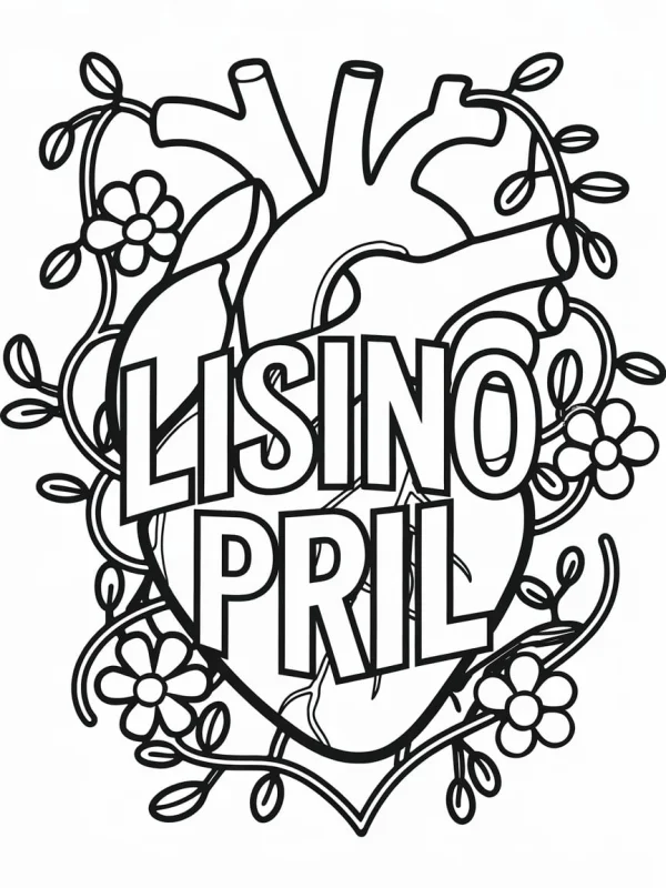 Anatomical heart surrounded by flowers and vines, bold text 'lisino pril' overlaying the heart — free printable natural plants coloring book page