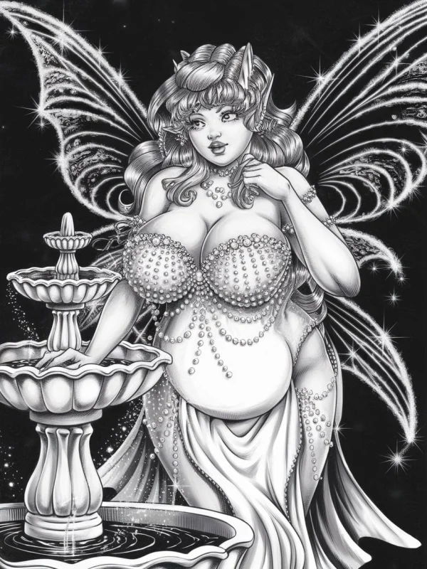 Pregnant fairy with sparkly transparent wings, fantasy illustration style — free printable female coloring book page