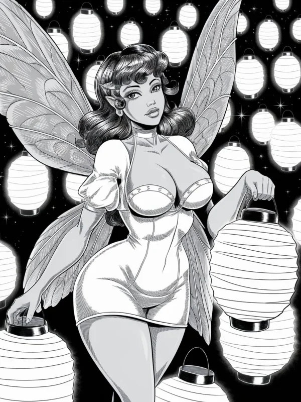 Fairy woman holding paper lanterns, anime style — free printable festivals coloring book page