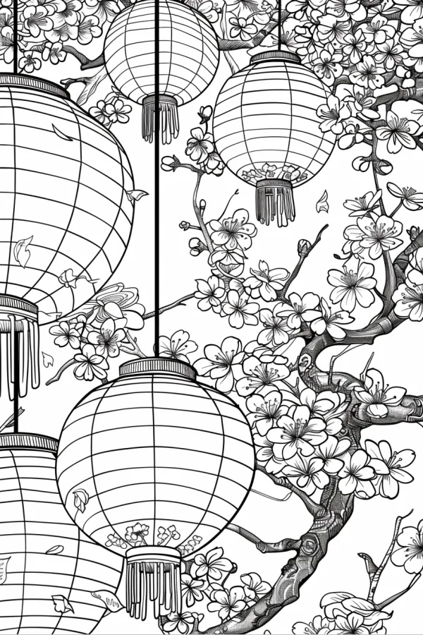 Chinese plum branches with traditional paper lanterns, chinese style — free printable spring festival coloring book page
