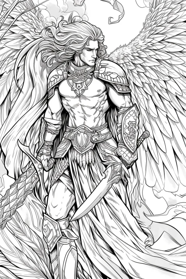 Muscular warrior angel with large feathered wings, fantasy style — free printable combat coloring book page