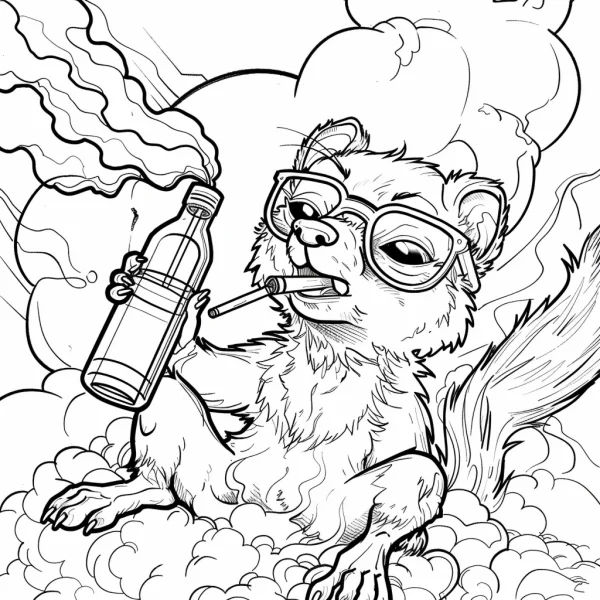 Anthropomorphic weasel with big glasses smoking a cigarette and holding a glass bottle, cartoon style — free printable personification coloring book page