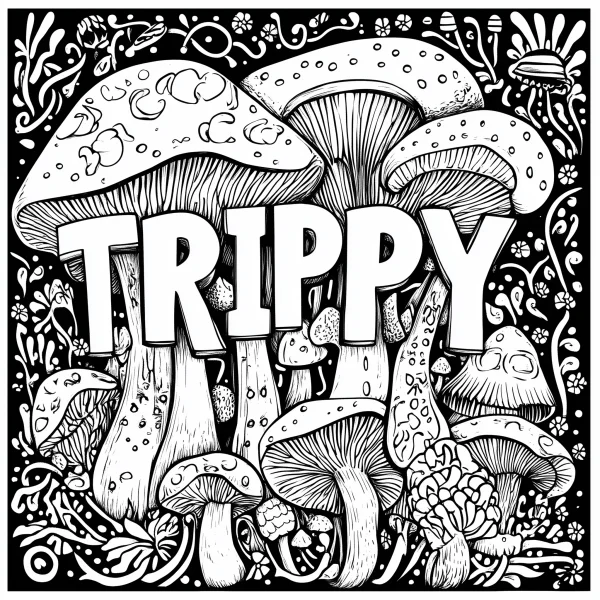Trippy style mushroom cluster with bold word 'trippy', fantasy art style — free printable psychedelic coloring book page