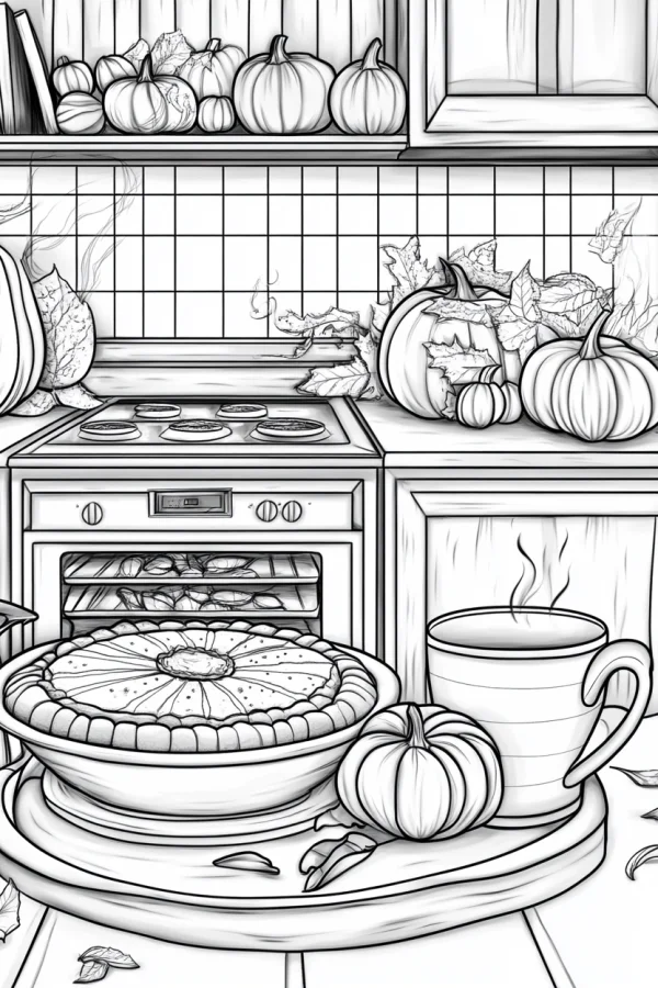 Thanksgiving kitchen scene with pumpkin pie and various pumpkins, realistic line art — free printable kitchen coloring book page
