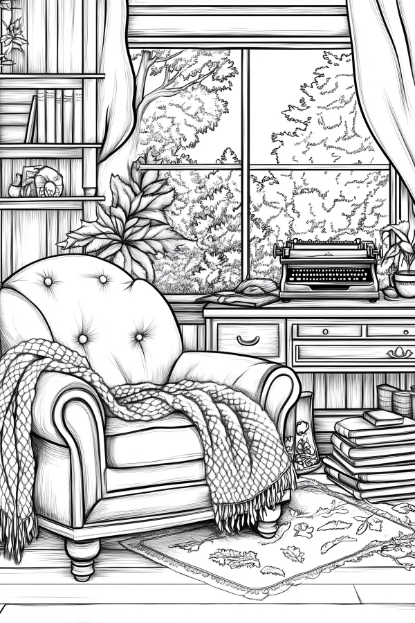 Cozy home relaxation nook with tufted armchair, knit blanket — free printable writing coloring book page