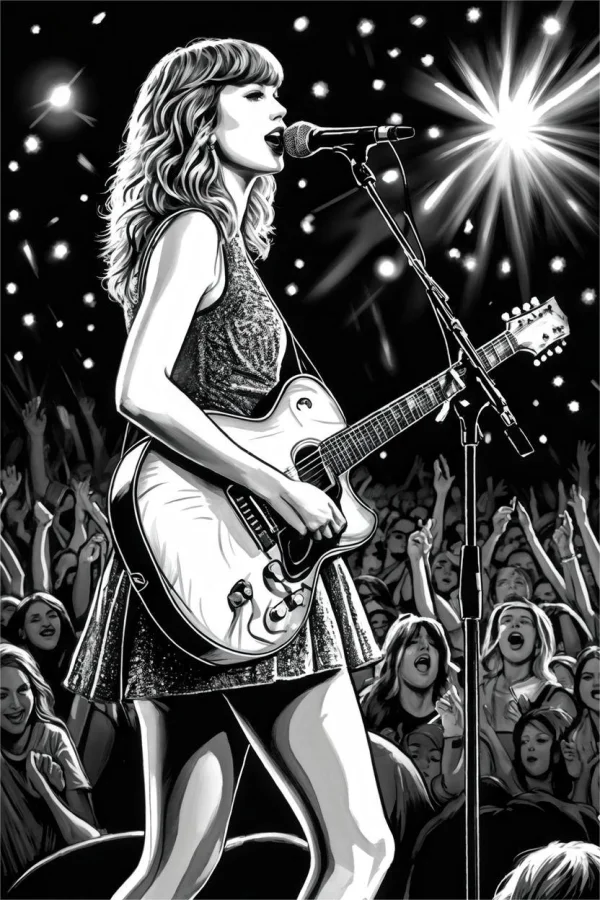 Female singer performing on stage with electric guitar, concert scene with cheering audience and bright stage spotlights — free printable concert coloring book page