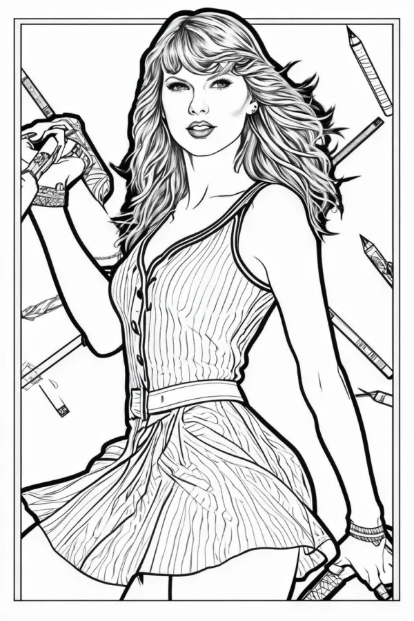 Taylor swift holding pencil-shaped weapons, realistic illustration style — free printable entertainment coloring book page