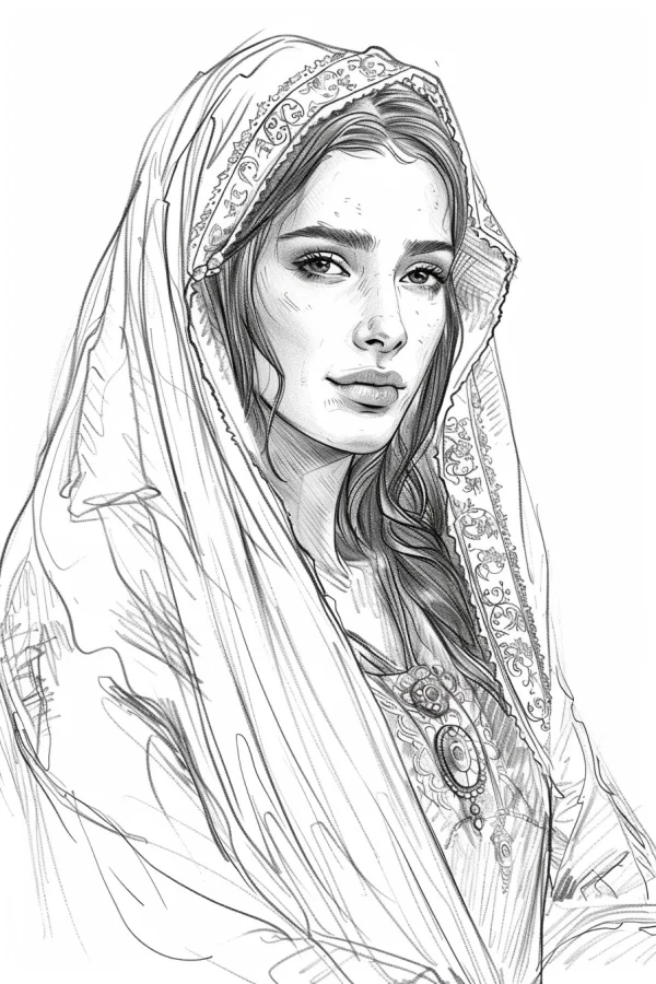 Exotic woman with embroidered headscarf and jewelry, realistic sketch style — free printable middle eastern culture coloring book page
