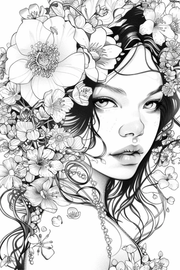 Girl surrounded by abundant flowers, realistic illustration style — free printable character theme coloring book page