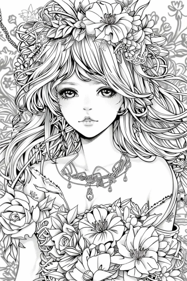 Floral-adorned long-haired fairy girl, japanese illustration style — free printable fairy coloring book page