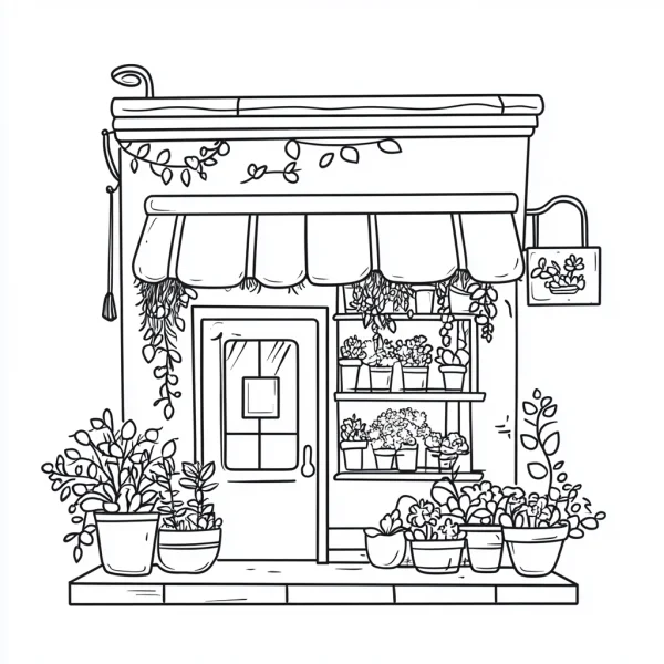 Cute green plant shop, cartoon style — free printable small shop coloring book page